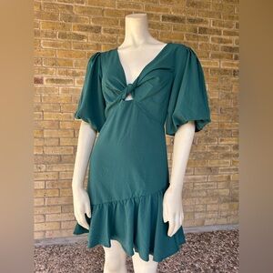 Iris Maxi Emerald Green Puff Sleeve Mini Dress Twist Front Ruffle Hem Size Small